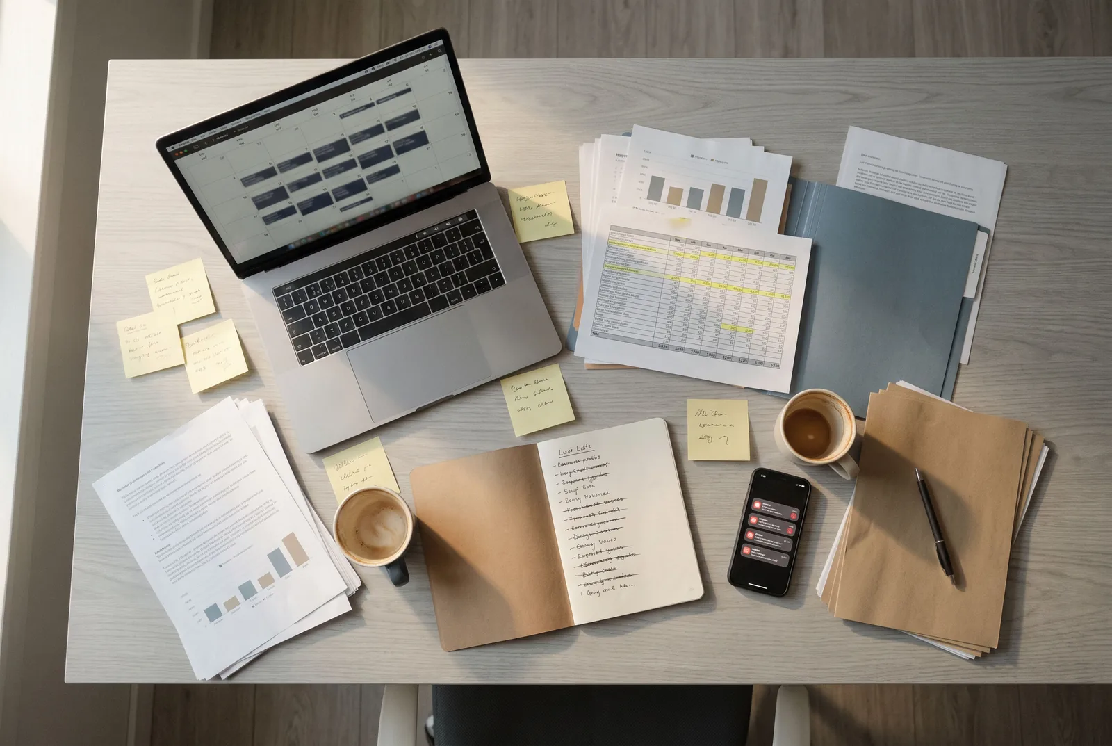 Overhead view of a crowded desk: a laptop calendar full of meetings, printed agency reports, spreadsheets and sticky notes.
