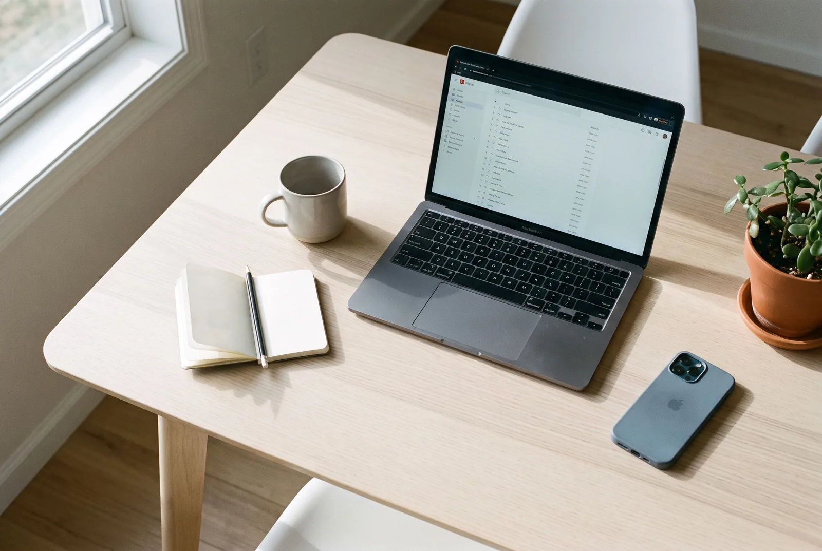Overhead view of a small kitchen table with one laptop, a coffee cup, a notebook and a plant.