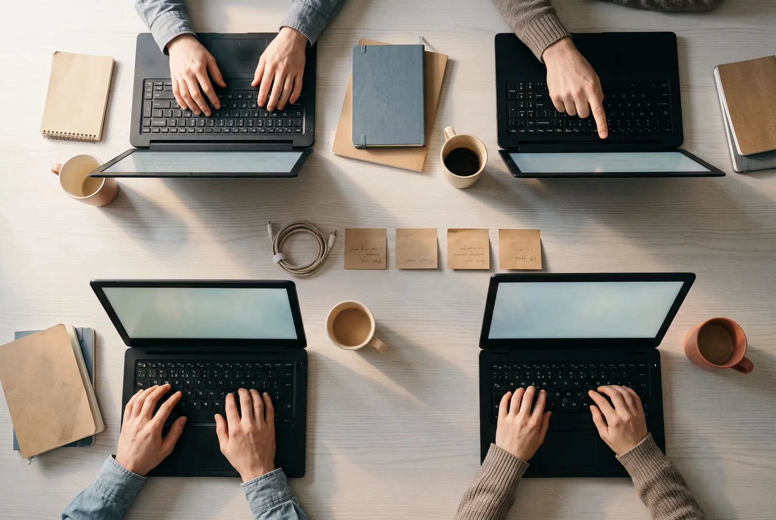 Overhead view of a shared table with four laptops, hands typing and coffee cups.