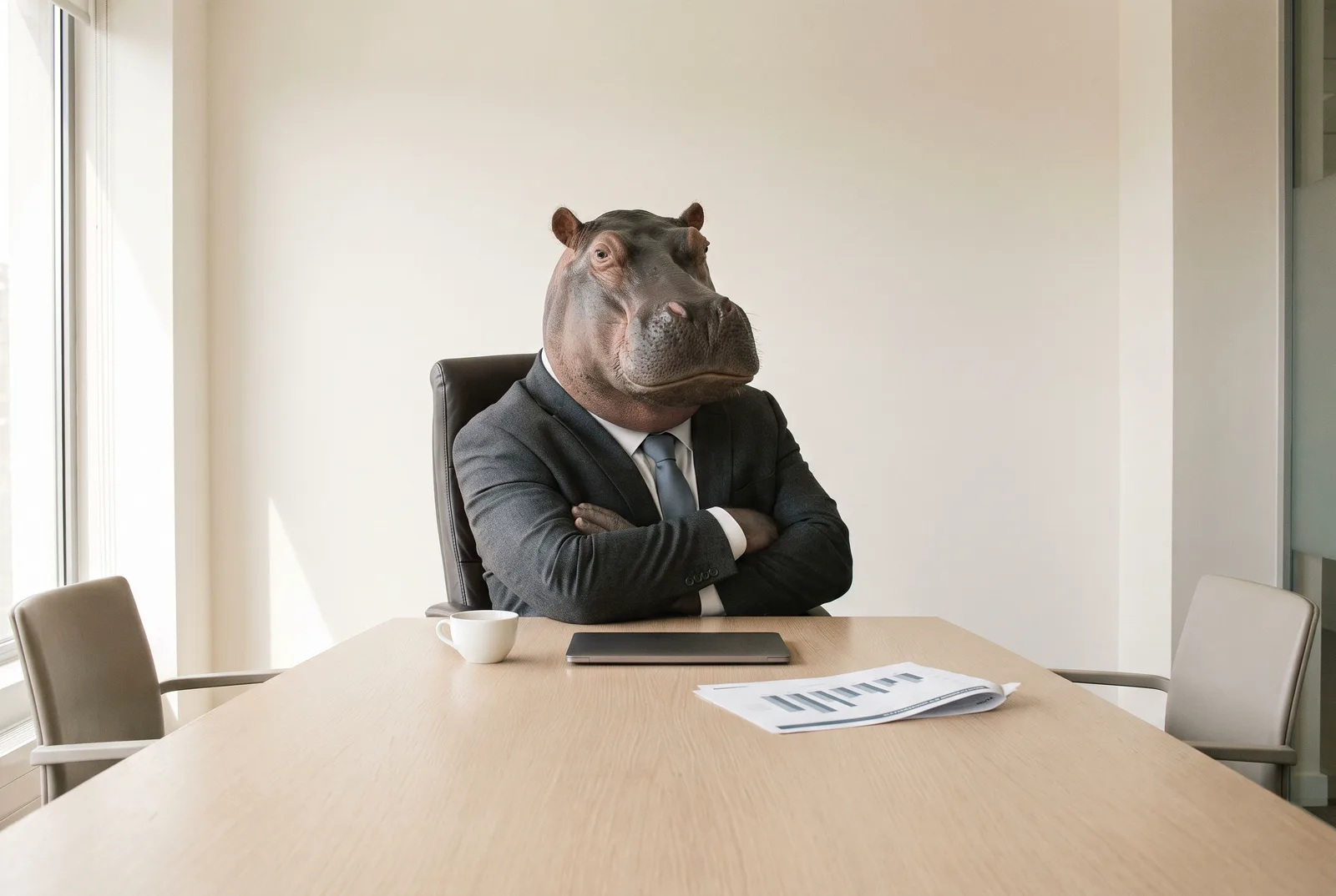A hippopotamus in a charcoal suit and blue tie sits at the head of a meeting table with its arms folded. A printed report lies pushed aside, unread.