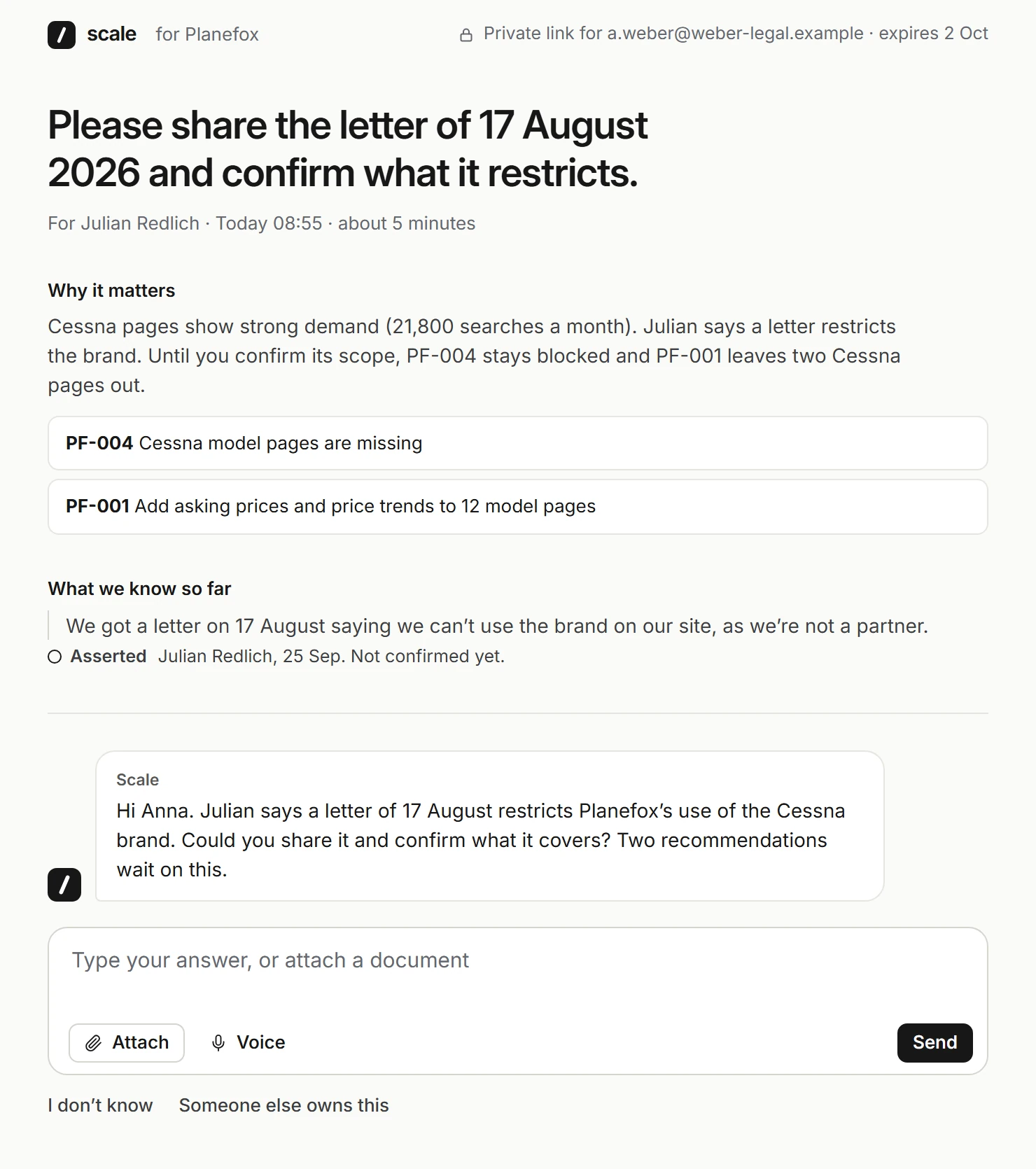 A context request page sent to Legal: please share the letter of 17 August 2026 and confirm what it restricts, with why it matters and what is known so far.