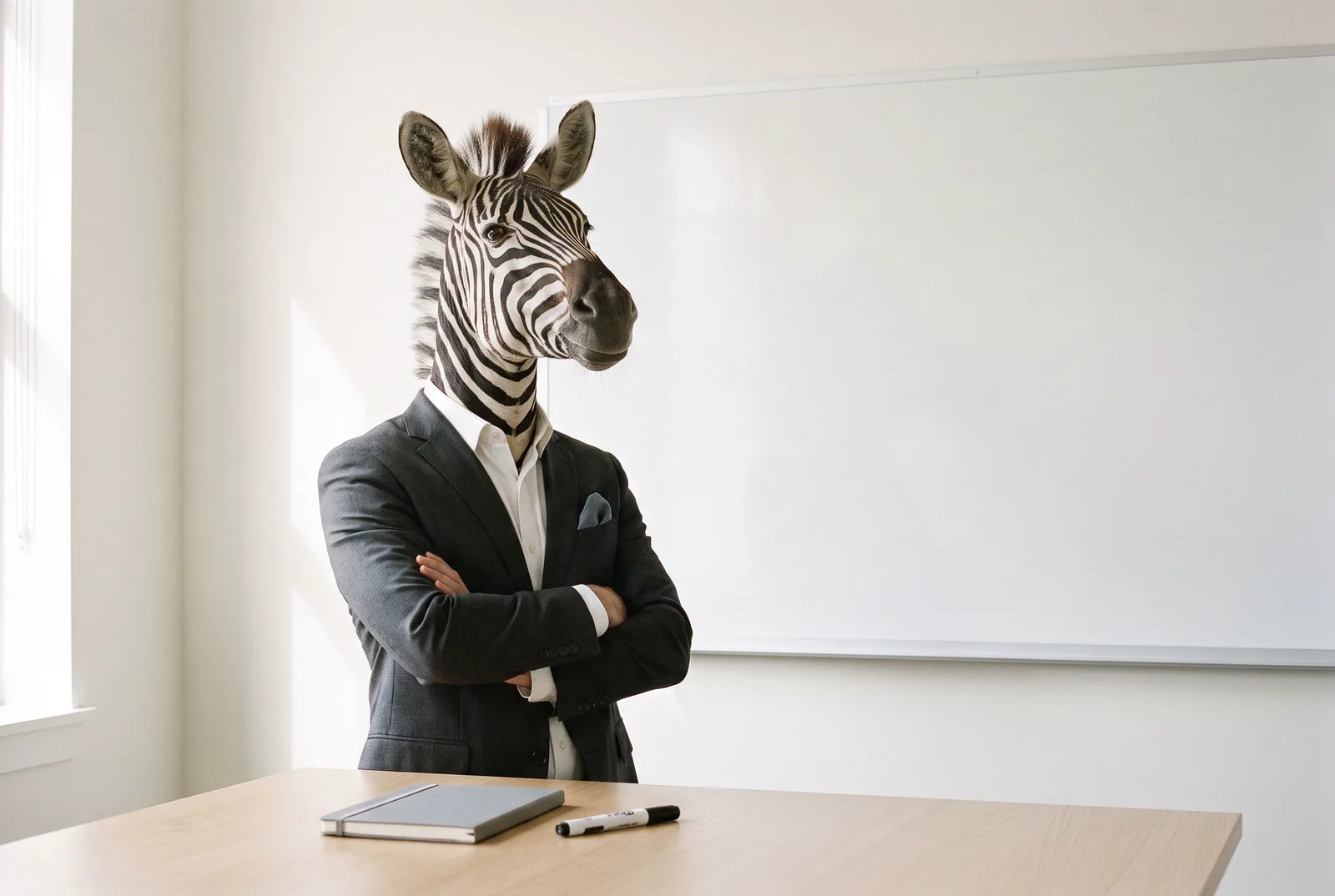 A zebra in a charcoal blazer stands with its arms crossed and its chin raised, next to a completely blank whiteboard.